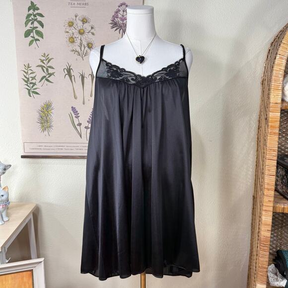 Vintage Other - Vintage 80s 90s Black Nylon Lace Slip Dress Sexy Romantic Goth Dark Coquette L